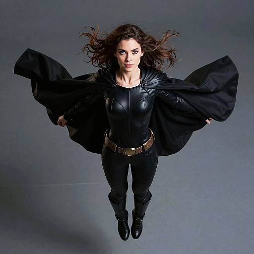 Photograph of a fierce, dark-haired woman with flowing hair, wearing a black leather bodysuit, jacket, and boots, flying against a gray