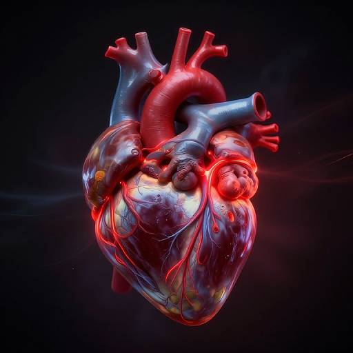 Digital CGI artwork of a glowing, metallic heart with red and blue neon accents, illuminated against a dark background.
