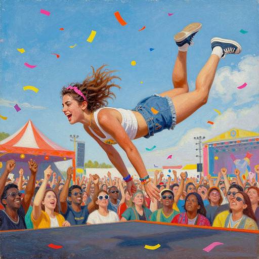Photograph of a joyful, brown-haired girl in a white crop top and denim shorts, mid-jump, surrounded by a cheering crowd under a bright