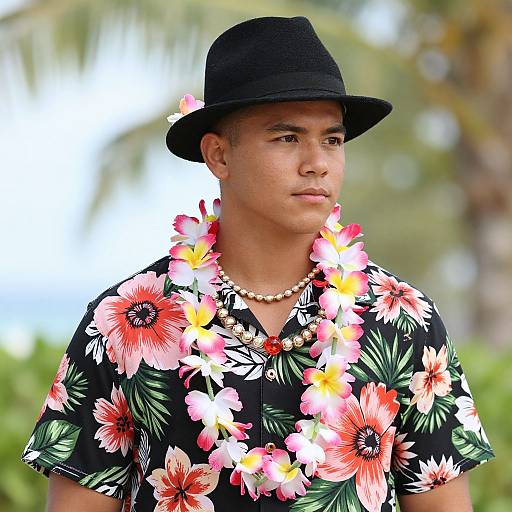 Photograph of a young man with medium brown skin, wearing a black hat, black floral shirt, pink and white flower lei, and pearl necklace,