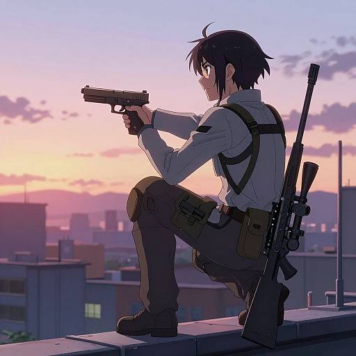 Anime-style drawing of a black-haired boy with a gun and rifle, crouching on a rooftop at sunset, cityscape background.