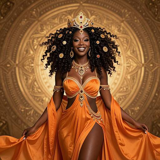 Photograph of a smiling Black woman with curly hair, wearing an orange, gold-embellished, strapless dress and ornate crown, against