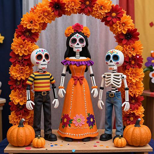 Photograph of three sugar skulls dressed in Day of the Dead attire, standing under an orange flower arch with pumpkins, in front of a gray curtain