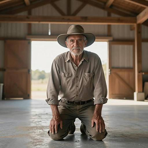 Photograph of an older white man with gray beard and mustache, wearing a brown hat and shirt, kneeling in a sunlit, wooden barn.