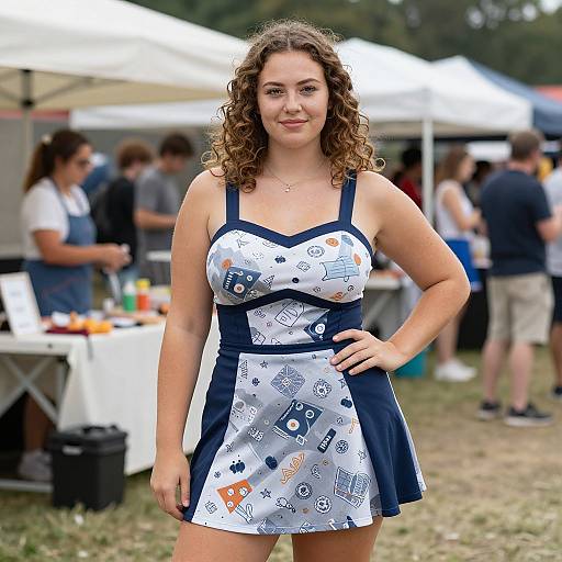 Photograph of a curly-haired woman in a white and navy patterned dress with a square neckline, standing outdoors at a daytime event. Background includes white