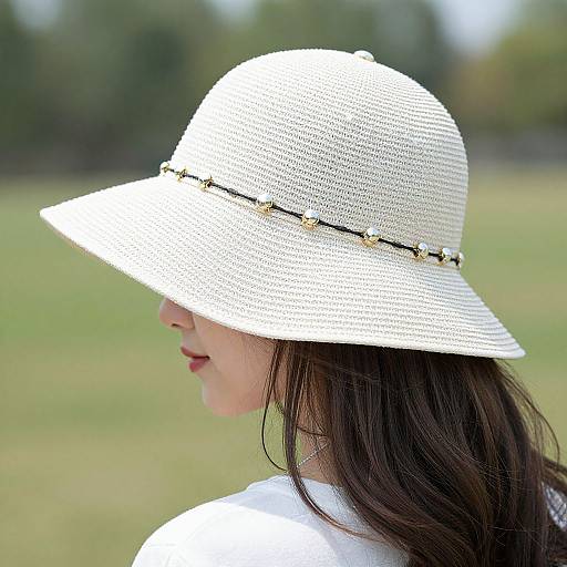 Photograph of a young woman with long brown hair wearing a white, wide-brimmed, woven sun hat adorned with small beads, in a blurred