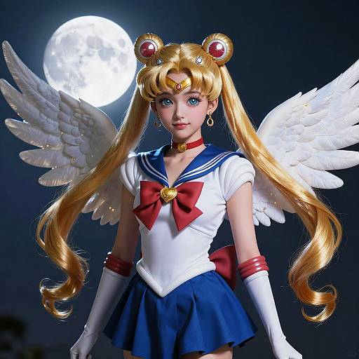 Digital artwork of Sailor Moon with angel wings, blonde pigtails, blue sailor uniform, red bow, white gloves, moonlit background.