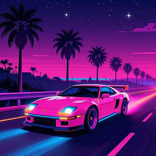 Neon-lit, pink and purple sunset scene of a speeding, glowing red and blue Ferrari on a palm tree-lined highway. Digital art.