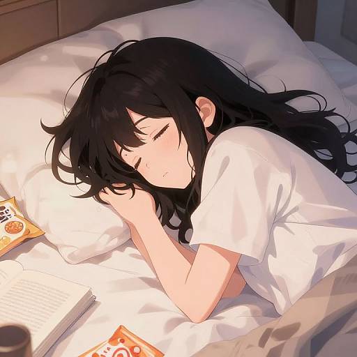 Digital anime-style drawing of a black-haired girl with closed eyes, sleeping on a white pillow in a bed, wearing a white t-shirt, with an