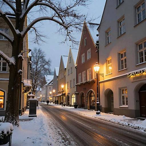 Photograph of a snowy, cobblestone street lined with quaint, illuminated, gabled buildings in winter twilight, adorned with festive lights and leafless