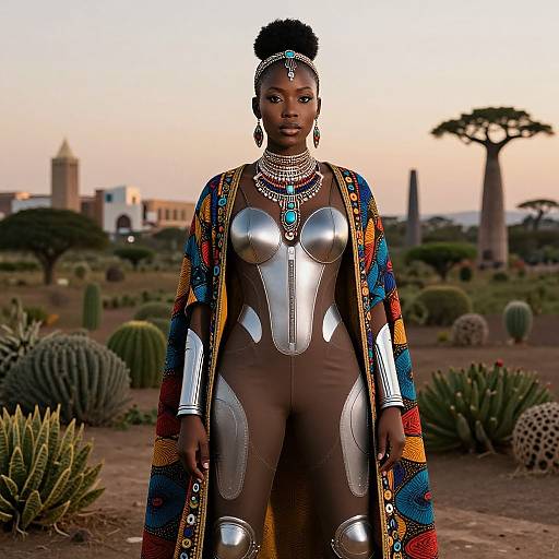 Photograph of a Black woman with dark skin, wearing a metallic brown bodysuit, colorful patterned cape, and intricate jewelry, standing in a