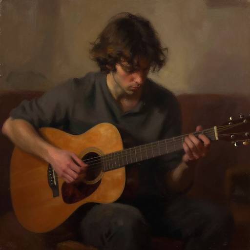 Photograph of a young man with curly brown hair, wearing a black shirt, intently playing a wooden acoustic guitar on a dark brown couch. Dim