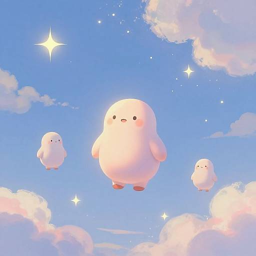 Digital artwork of three fluffy, white, blob-like creatures with small black eyes and red feet floating in a bright blue sky with pink clouds and sparkling stars