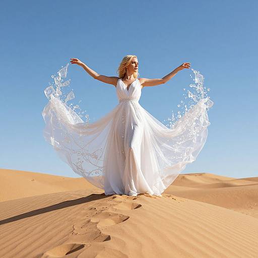 Photograph of a blonde woman in a flowing white dress, arms outstretched, standing in a bright blue sky over golden sand dunes.