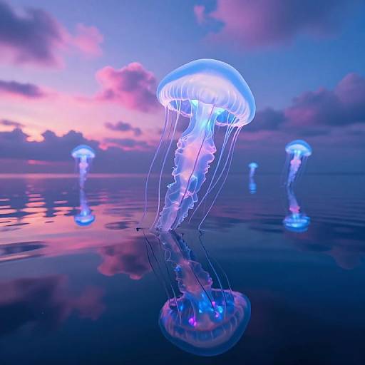 Photograph of glowing blue jellyfish floating in calm water during a vibrant twilight sky with pink and purple clouds.