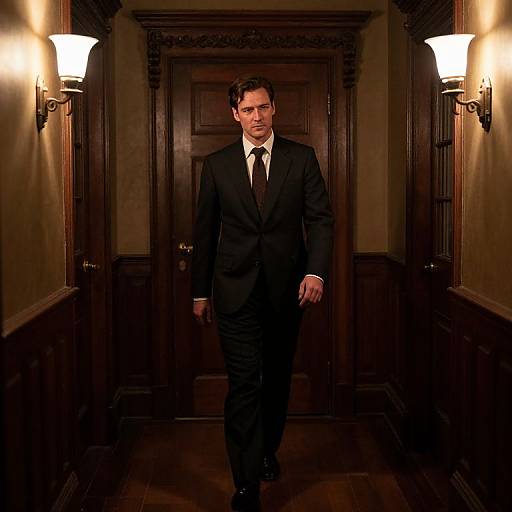 Photograph of a serious, middle-aged man in a black suit and tie walking down a dimly lit, wooden-paneled hallway with two wall s