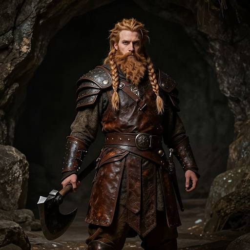 Photograph of a muscular, bearded man with long braided hair, wearing dark leather armor and holding a shield, emerging from a dark, rocky