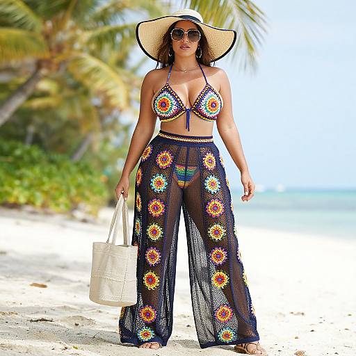 Photograph of a woman in a colorful bohemian bikini top and sheer floral-patterned pants, wearing a wide-brimmed straw hat, holding