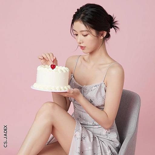 Asian Woman with Cake in Floral Dress