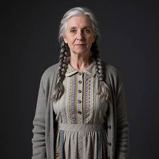 Photograph of an elderly woman with long gray braided hair, wearing a gray cardigan over a patterned dress, against a dark background. She