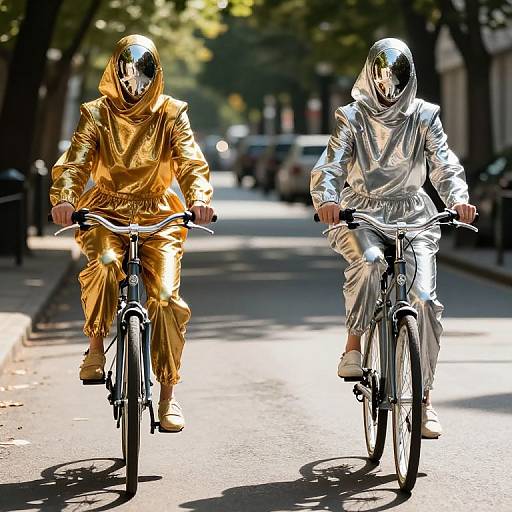 Photograph of two cyclists in reflective gold and silver suits, helmets, riding bicycles on a sunlit, tree-lined city street.