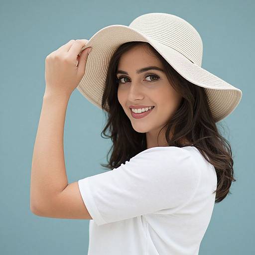 Photograph of a smiling woman with dark hair, wearing a white sunhat and white shirt, against a blue background.
