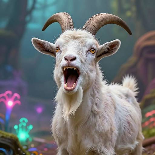 Digital art of a white, furry goat with curved brown horns, open mouth, yellow eyes, in a colorful, mystical forest background.