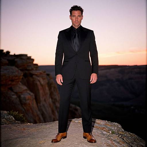 Photograph of a serious man in a black suit and brown shoes standing on a rocky ledge at sunset, with a gradient sky in the background.