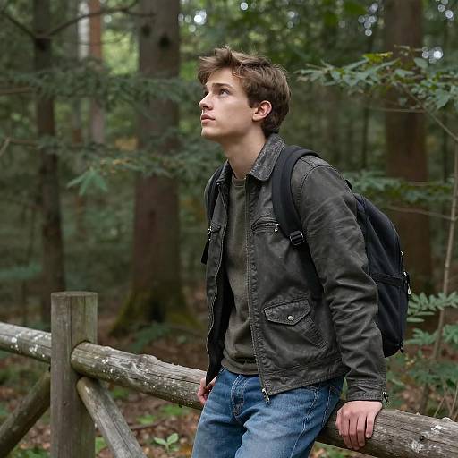 Young Man Leaning on Wooden Fence in Forest