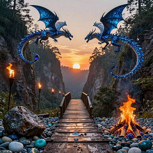 Photograph-style digital art of a wooden bridge leading to a sunset, flanked by two glowing blue dragons, surrounded by rain, fire torches,