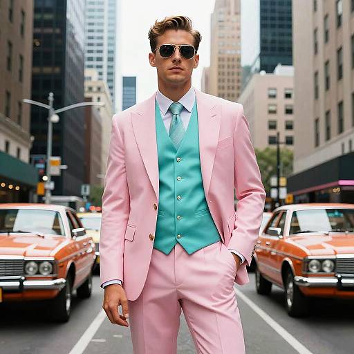 Photograph of a handsome man in a pastel pink suit, turquoise vest, and tie, with sunglasses, walking down a city street lined with orange