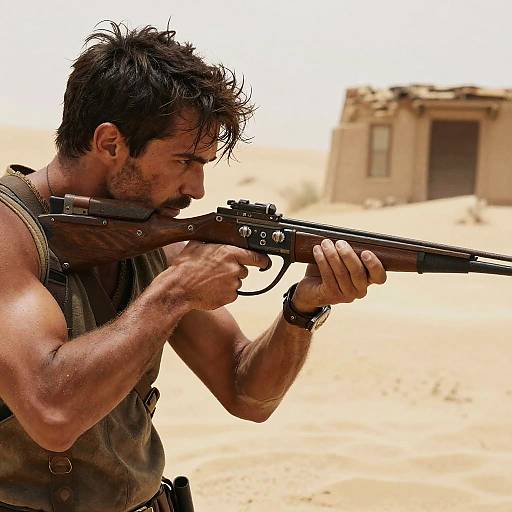 Photograph of a muscular, bearded man with messy dark hair, aiming a rifle in a desert with a small, rustic building in the background.