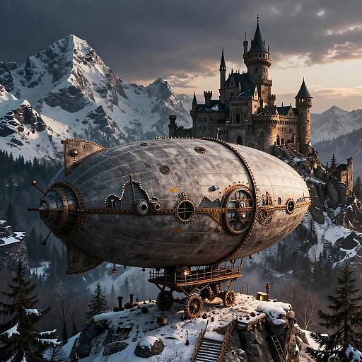 Steampunk Zeppelin Over Snowy Mountains