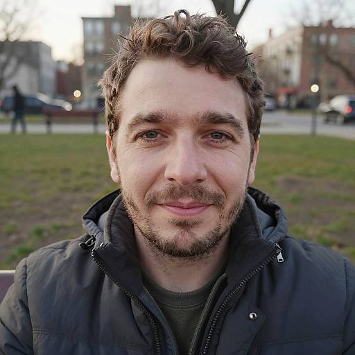 Close-up photograph of a smiling, bearded man with short brown hair, wearing a black jacket, standing in a grassy park. Blurred buildings