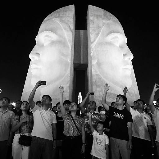 Nighttime Crowd at Monument with Portraits