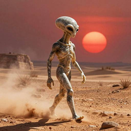Photorealistic CGI of a gray-skinned, alien with a large head and black eyes walking through a dusty, red-orange desert at sunset.