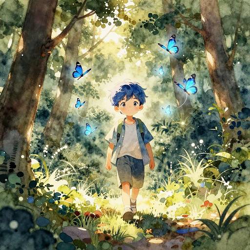 Digital anime-style illustration of a blue-haired boy in a forest, surrounded by glowing blue butterflies, bathed in sunlight.