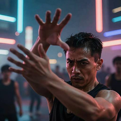 Photograph of a muscular, sweaty Asian man with short black hair, wearing a black tank top, raising his hands defensively in a neon-lit,