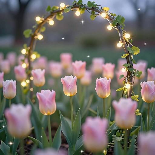 Photograph of pink tulips under a glowing, vine-adorned arch with fairy lights, creating a magical, dreamy garden scene.