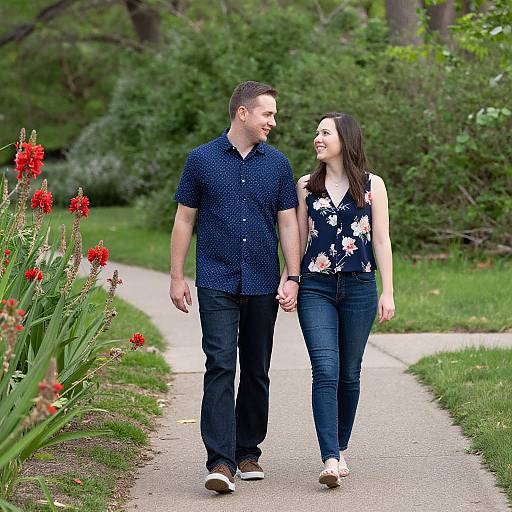 Photograph of a smiling couple holding hands on a park path, the man in a navy polka dot shirt, the woman in a floral top and