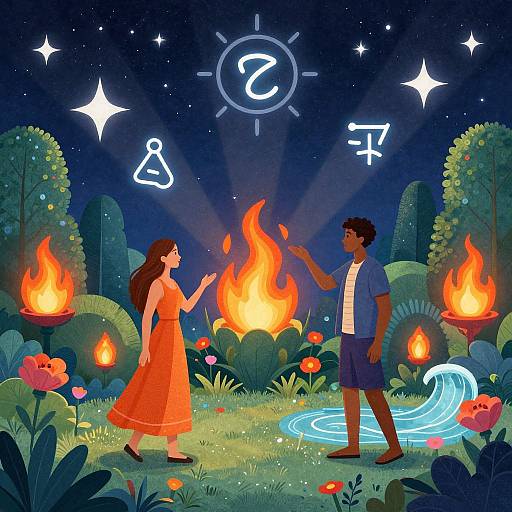 Digital illustration of a night scene with a black man and white woman, both in summer clothes, standing by glowing fires, surrounded by plants and a glowing