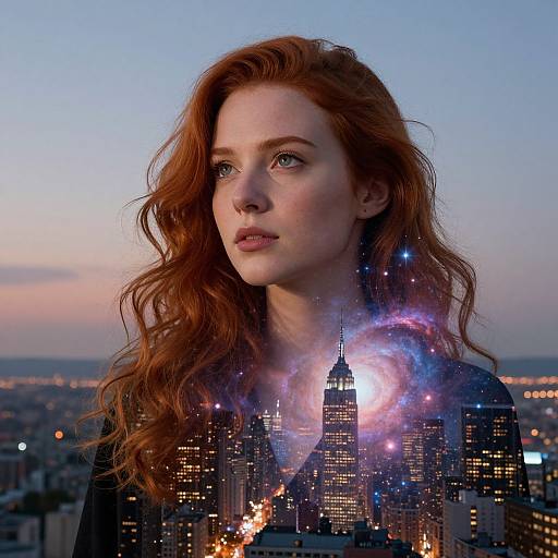 Photograph of a red-haired woman with fair skin, wearing a black top, standing on a rooftop at twilight, with a cityscape and a glowing