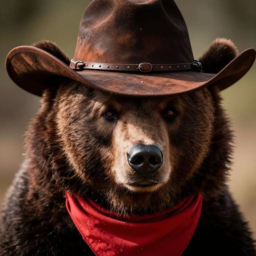 Photograph of a brown bear with a dark brown cowboy hat and red bandana, standing against a blurred forest background.
