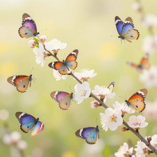 Photograph of vibrant orange and blue butterflies with white and black wing tips, fluttering around white cherry blossoms against a soft yellow-green blurred background.