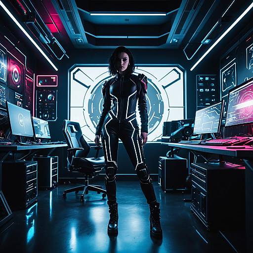 Futuristic Cybernetic Woman in High-Tech Workspace