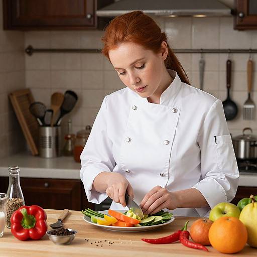 Photograph of a red-haired woman in a white chef's coat chopping colorful vegetables on a kitchen counter, surrounded by peppers, oranges, and spices.