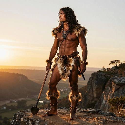 Primitive Hunter on Cliff at Sunset
