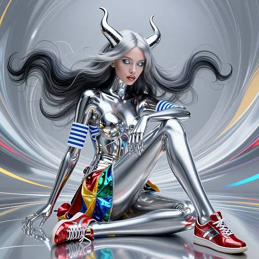 Digital art of a silver, horned, futuristic woman with long black hair, rainbow skirt, striped arm, and red sneakers, sitting on reflective floor