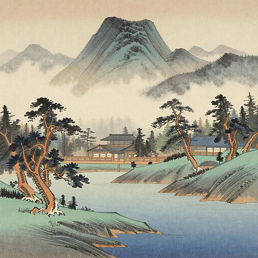 Hokusai Ink-Wash Zen Garden Vista