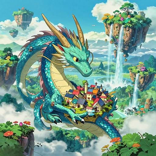 Digital art of a vibrant blue dragon with yellow horns gently holding a floating village with colorful houses, surrounded by lush islands and waterfalls in a bright,